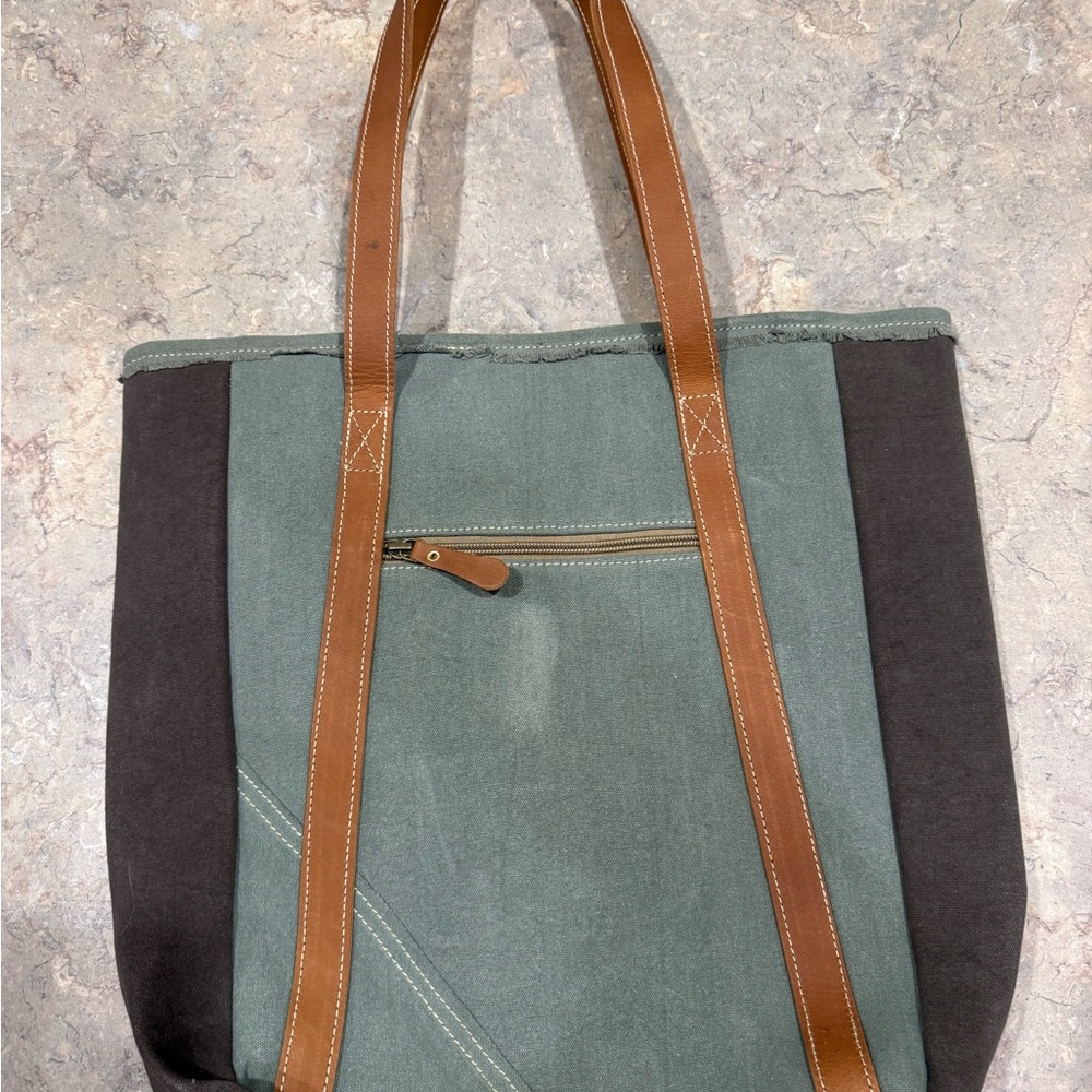 Myra Bag Green and Brown Canvas Tote - Picture 2 of 4